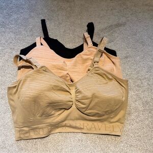 Three Large Kindred Bravely Bras in Black, Pink, and Tan (nursing/pumping)
